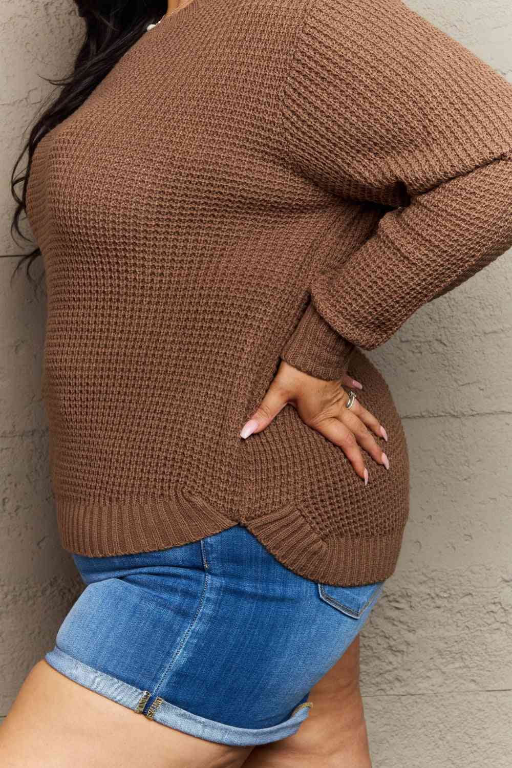 Zenana Breezy Days Plus Size High Low Waffle Knit Sweater - Pullover Sweaters - FITGGINS