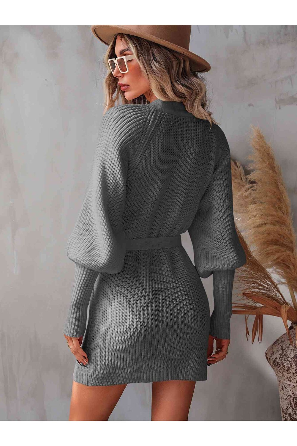 Belted Surplice Lantern Sleeve Wrap Sweater Dress - Sweater Dresses - FITGGINS