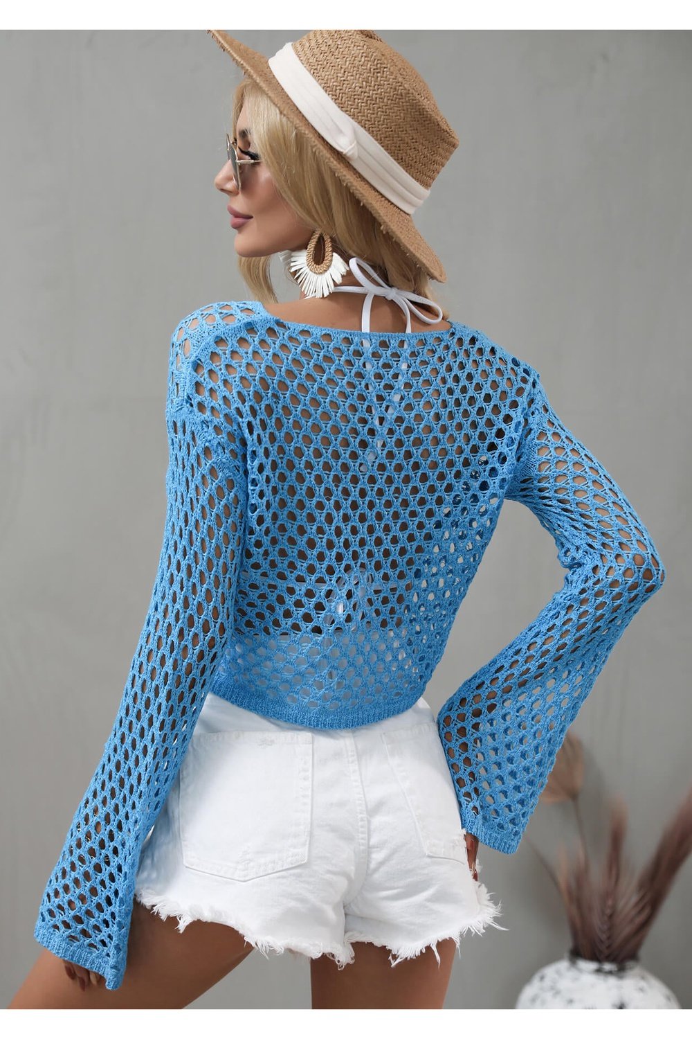 Openwork Flare Sleeve Cropped Cover Up - Cover-Ups - FITGGINS
