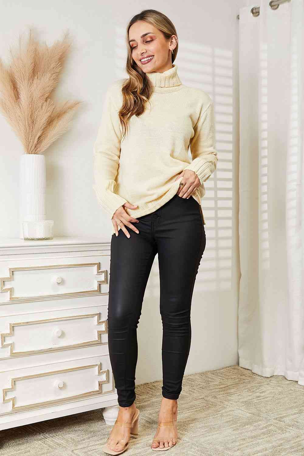 Heimish Full Size Long Sleeve Turtleneck Sweater with Side Slit - Pullover Sweaters - FITGGINS