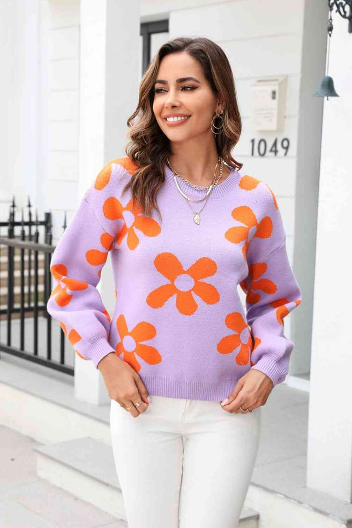 Floral Print Round Neck Dropped Shoulder Pullover Sweater - Pullover Sweaters - FITGGINS