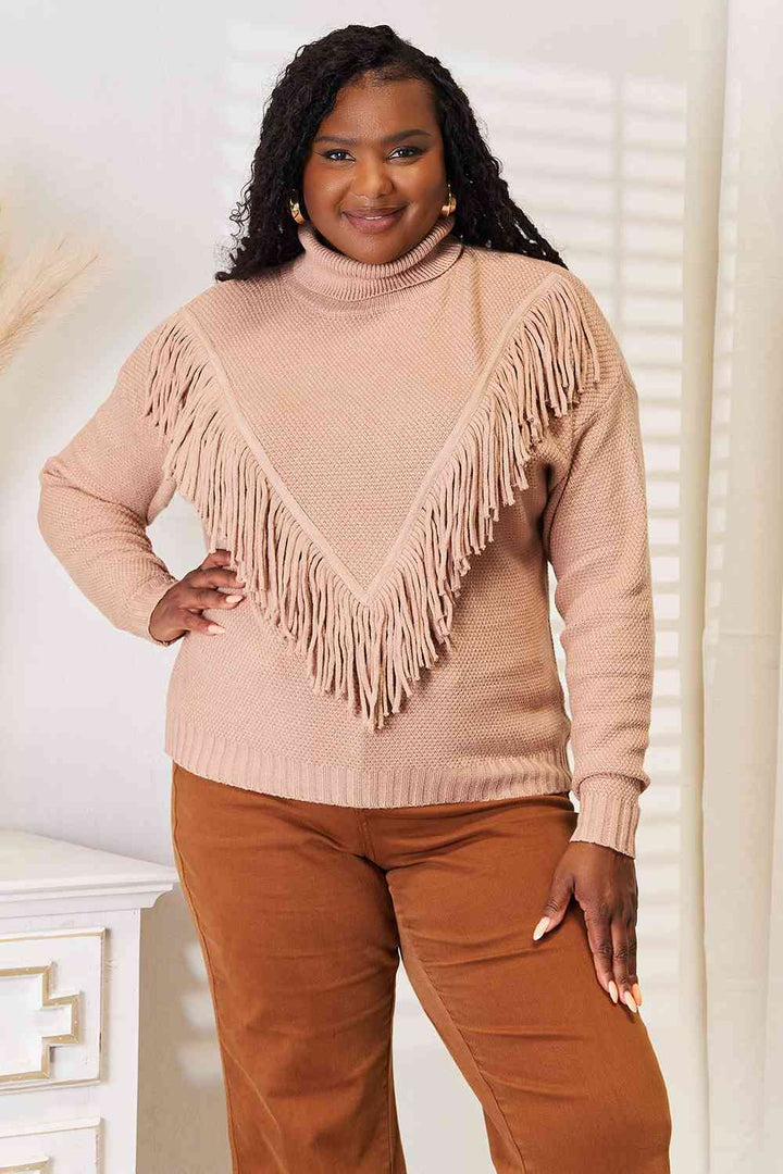 Woven Right Turtleneck Fringe Front Long Sleeve Sweater - Pullover Sweaters - FITGGINS