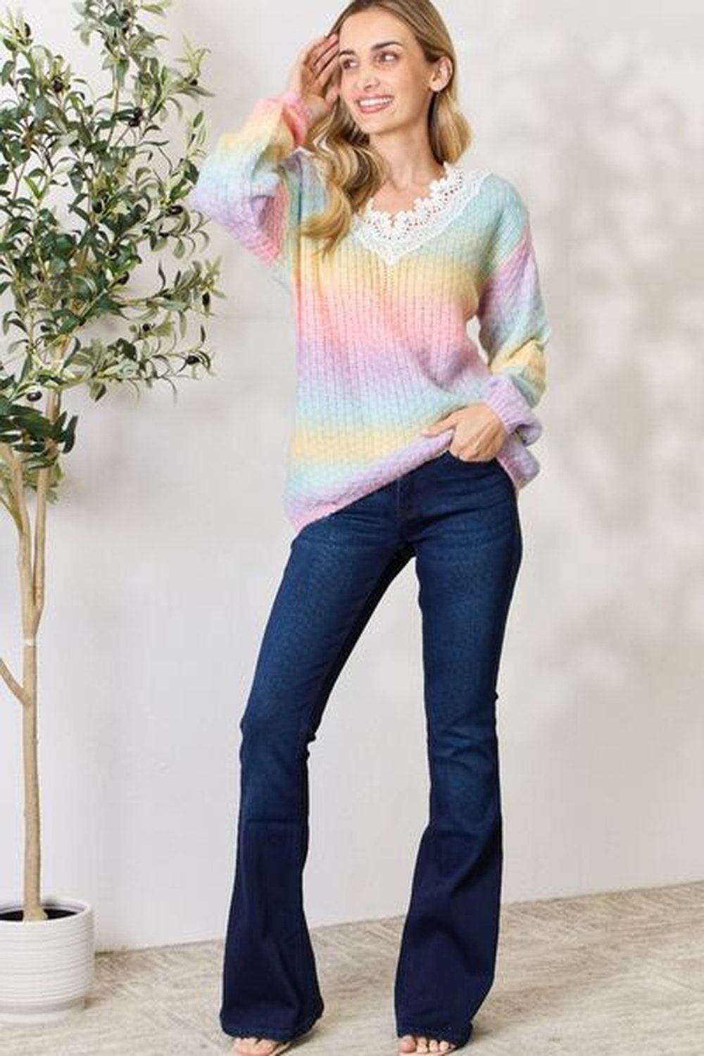 BiBi Rainbow Gradient Crochet Deetail Sweater - Pullover Sweaters - FITGGINS