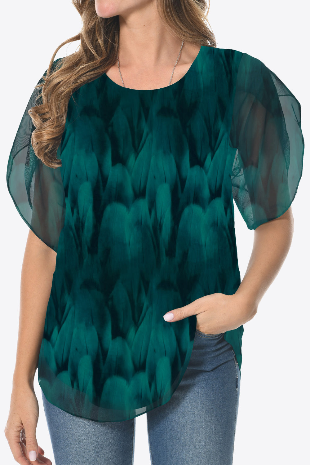 Printed Round Neck Curved Hem Blouse - Blouses - FITGGINS