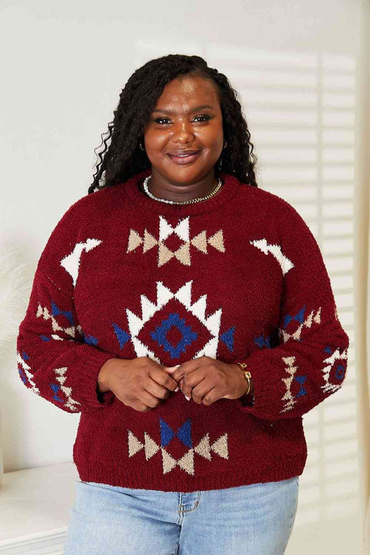 HEYSON Full Size Aztec Soft Fuzzy Sweater - Pullover Sweaters - FITGGINS