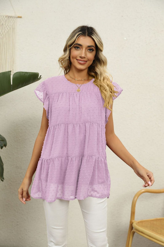 Swiss Dot Round Neck Tiered Blouse - T-Shirts - FITGGINS