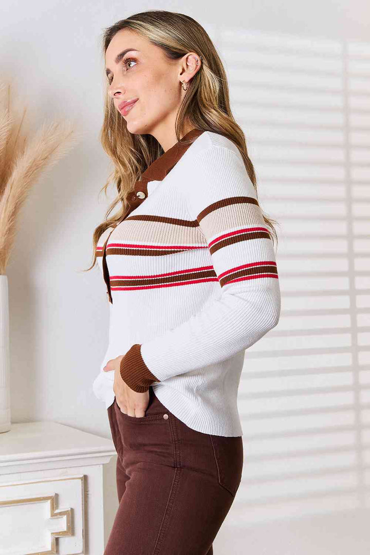 Basic Bae Striped Collared Neck Rib-Knit Top - Pullover Sweaters - FITGGINS