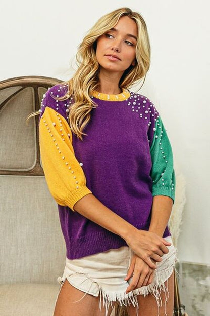 BiBi Color Block Pearl Detail Round Neck Sweater - Pullover Sweaters - FITGGINS