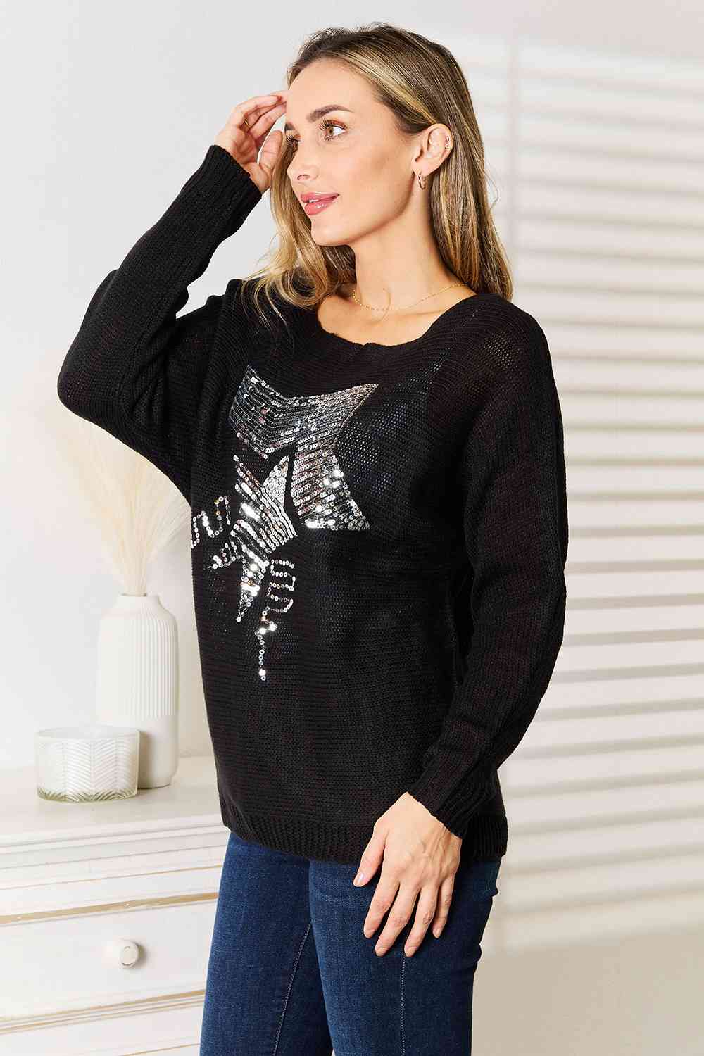Double Take Sequin Graphic Dolman Sleeve Knit Top - Pullover Sweaters - FITGGINS