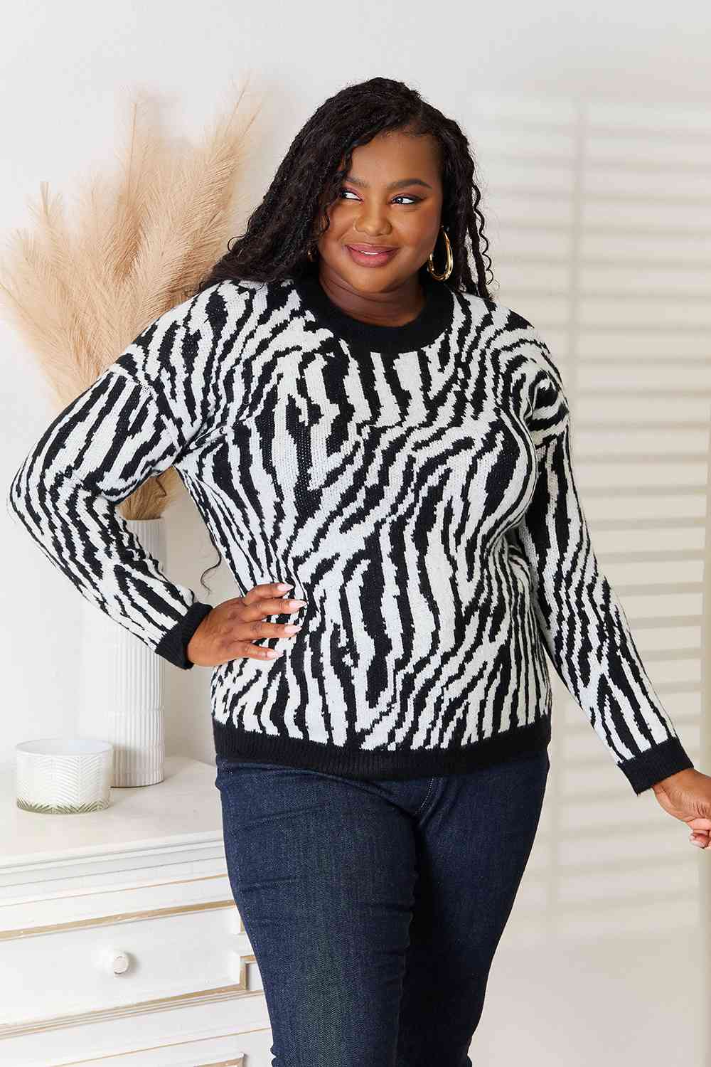 Heimish Full Size Zebra Print Sweater - Pullover Sweaters - FITGGINS