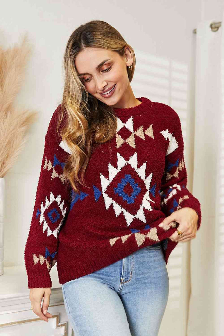 HEYSON Full Size Aztec Soft Fuzzy Sweater - Pullover Sweaters - FITGGINS