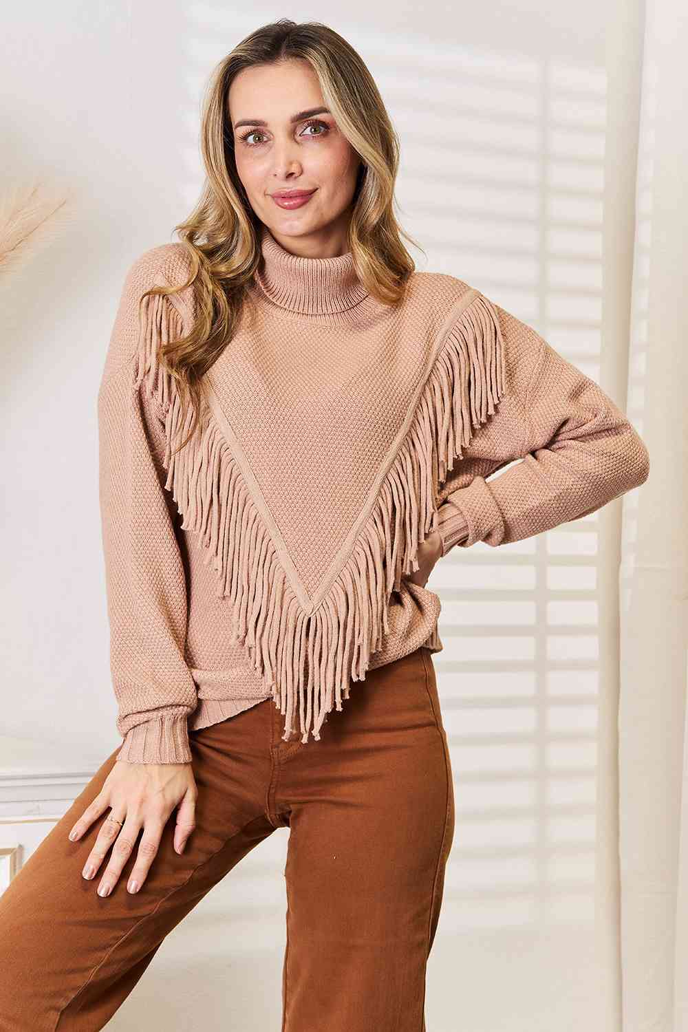 Woven Right Turtleneck Fringe Front Long Sleeve Sweater - Pullover Sweaters - FITGGINS