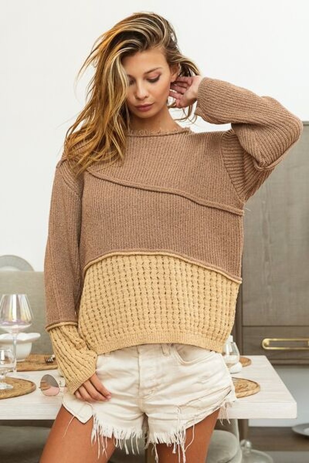 BiBi Texture Detail Contrast Drop Shoulder Sweater - Pullover Sweaters - FITGGINS