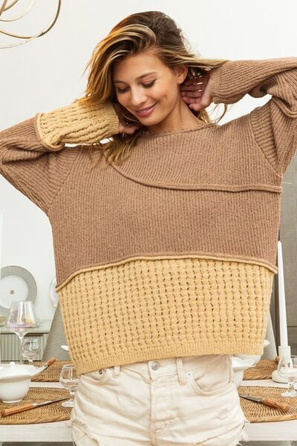 BiBi Texture Detail Contrast Drop Shoulder Sweater - Pullover Sweaters - FITGGINS