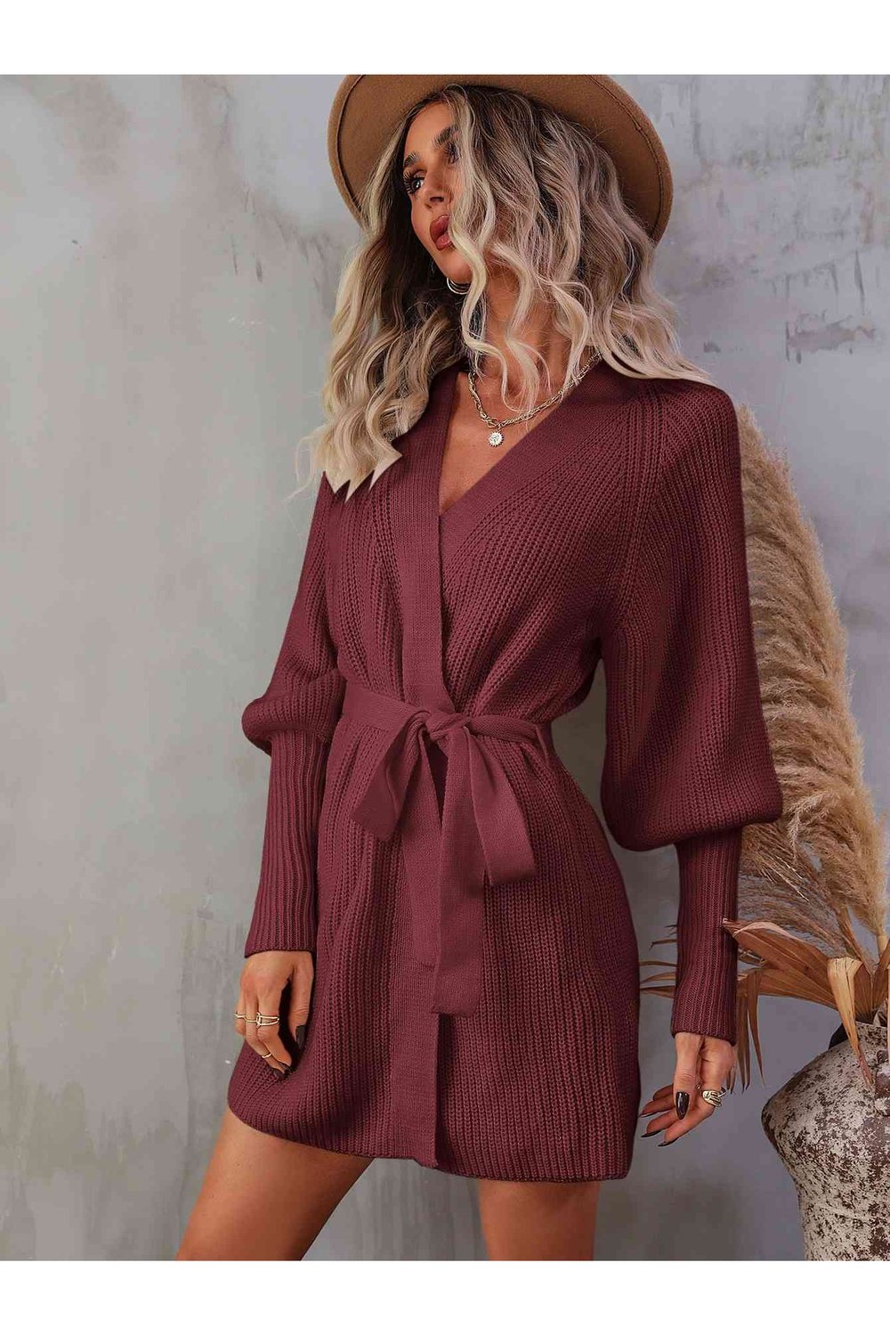 Belted Surplice Lantern Sleeve Wrap Sweater Dress - Sweater Dresses - FITGGINS