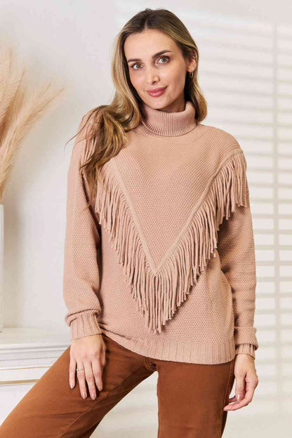 Woven Right Turtleneck Fringe Front Long Sleeve Sweater - Pullover Sweaters - FITGGINS