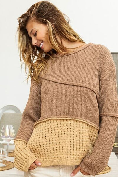 BiBi Texture Detail Contrast Drop Shoulder Sweater - Pullover Sweaters - FITGGINS