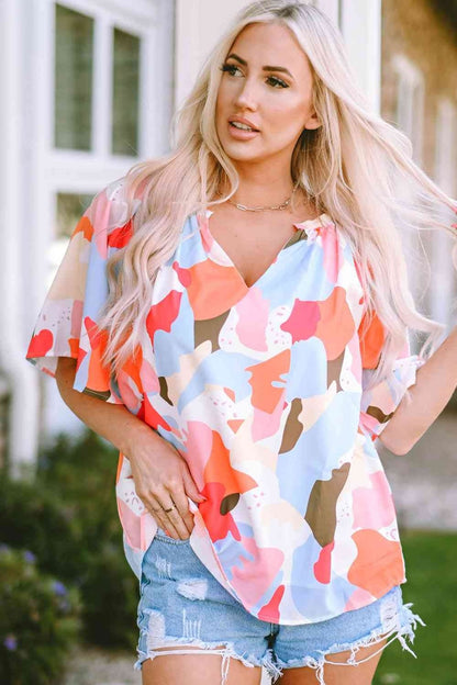 Printed Notched Neck Half Sleeve Blouse - Blouses - FITGGINS