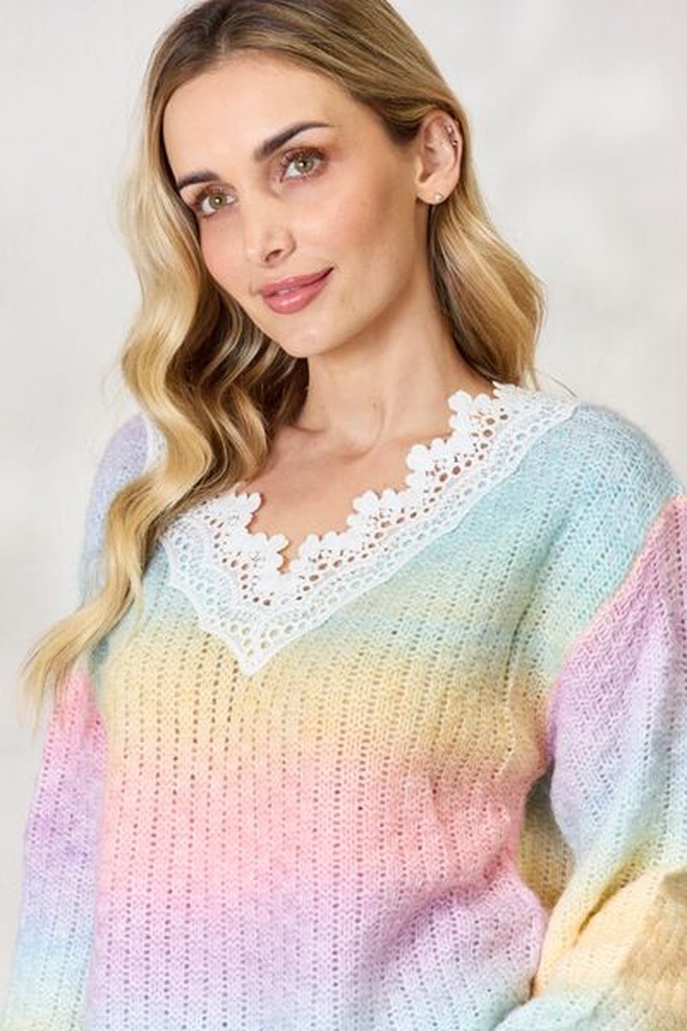 BiBi Rainbow Gradient Crochet Deetail Sweater - Pullover Sweaters - FITGGINS