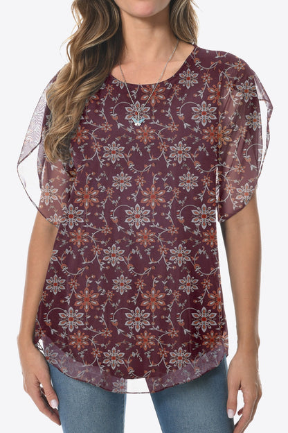 Printed Round Neck Curved Hem Blouse - Blouses - FITGGINS