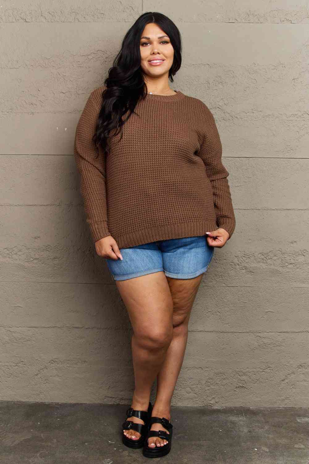 Zenana Breezy Days Plus Size High Low Waffle Knit Sweater - Pullover Sweaters - FITGGINS