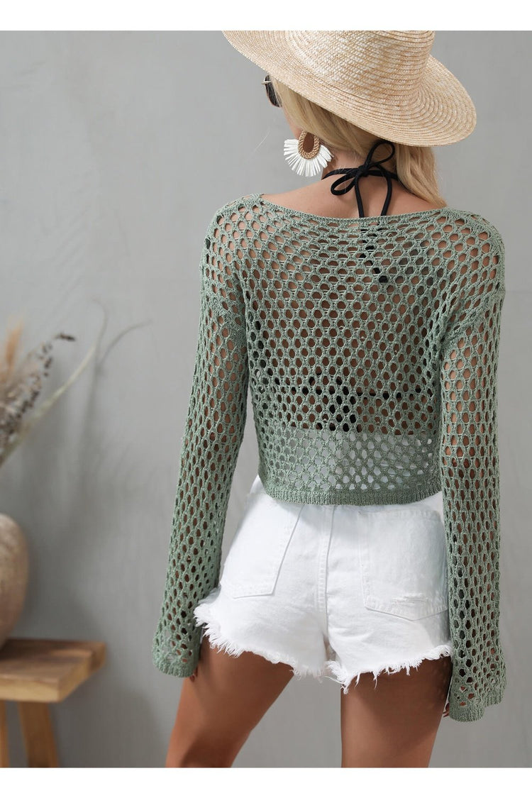 Openwork Flare Sleeve Cropped Cover Up