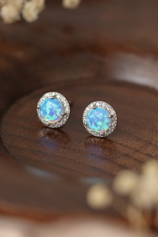 925 Sterling Silver Platinum-Plated Opal Round Stud Earrings - Earrings - FITGGINS