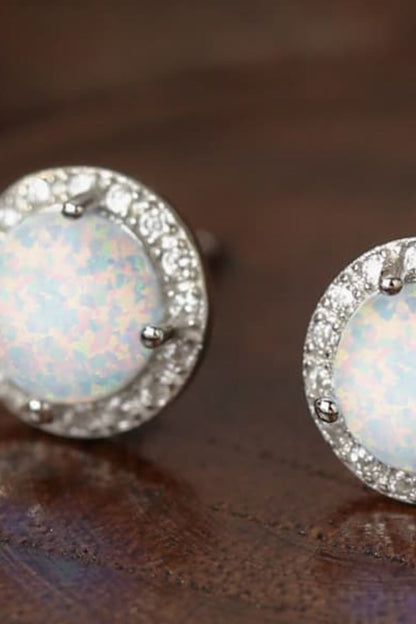 925 Sterling Silver Platinum-Plated Opal Round Stud Earrings - Earrings - FITGGINS