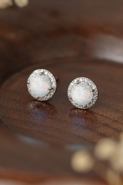 925 Sterling Silver Platinum-Plated Opal Round Stud Earrings - Earrings - FITGGINS