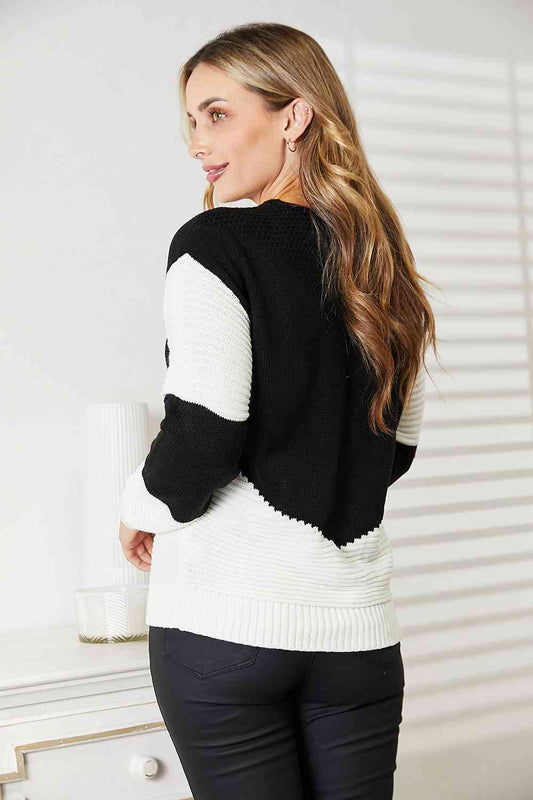 Woven Right Two-Tone Openwork Rib-Knit Sweater - Pullover Sweaters - FITGGINS