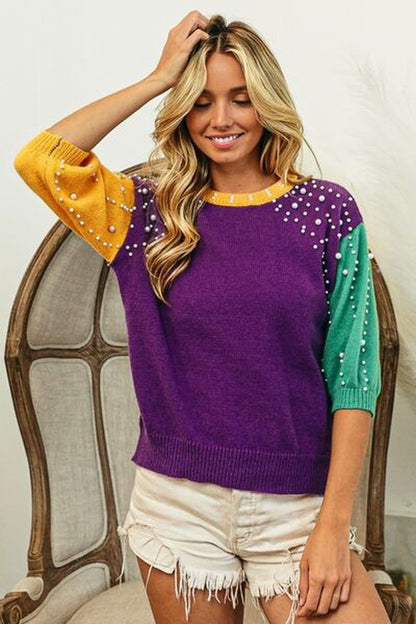 BiBi Color Block Pearl Detail Round Neck Sweater - Pullover Sweaters - FITGGINS