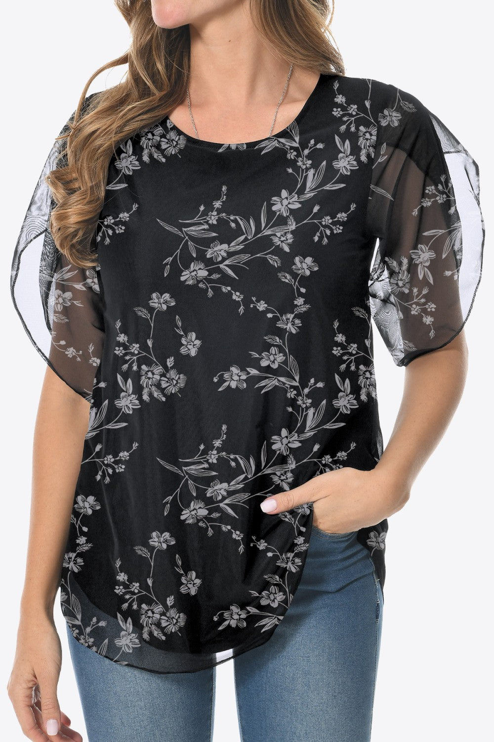 Printed Round Neck Curved Hem Blouse - Blouses - FITGGINS