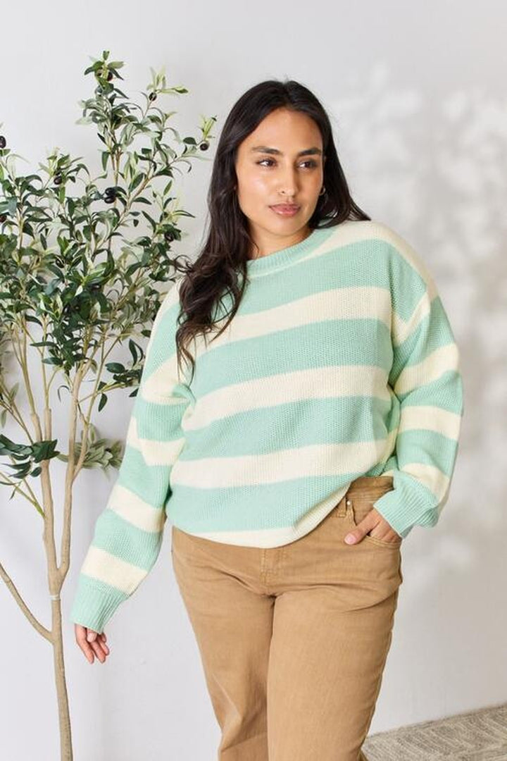 Sew In Love Full Size Contrast Striped Round Neck Sweater - Pullover Sweaters - FITGGINS