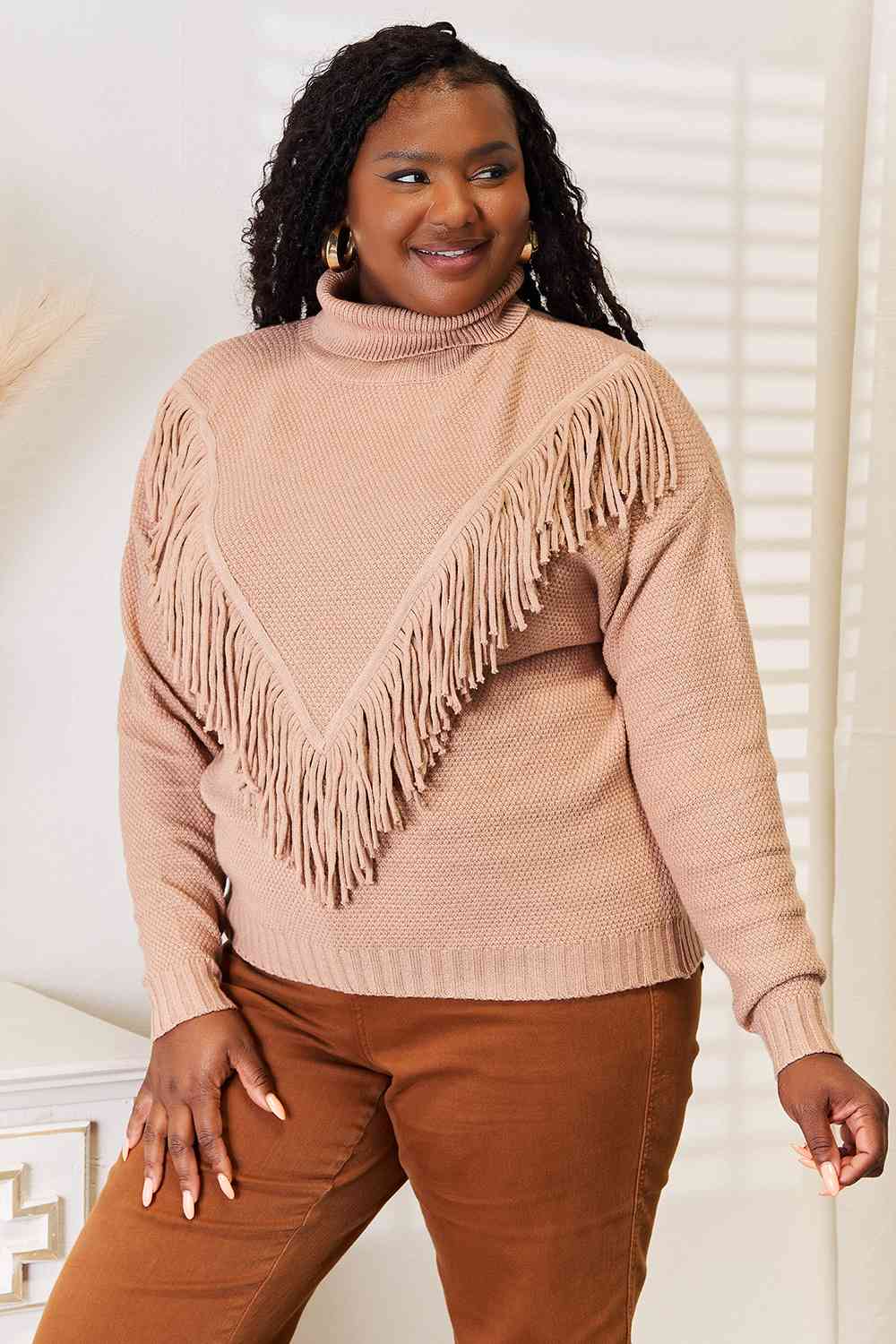 Woven Right Turtleneck Fringe Front Long Sleeve Sweater - Pullover Sweaters - FITGGINS