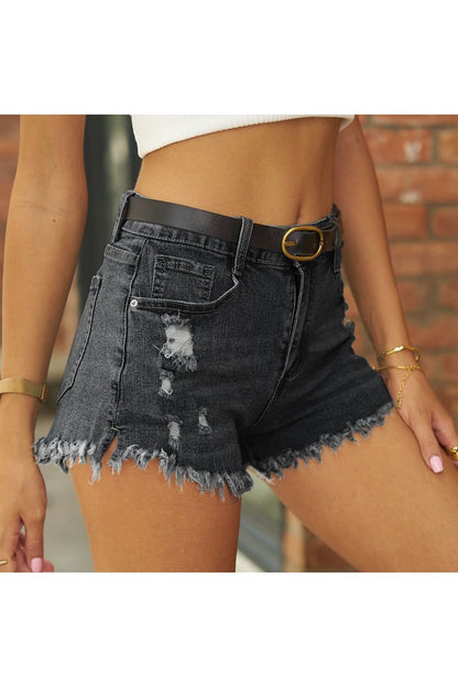 Raw Hem Distressed Denim Shorts - Denim Shorts - FITGGINS