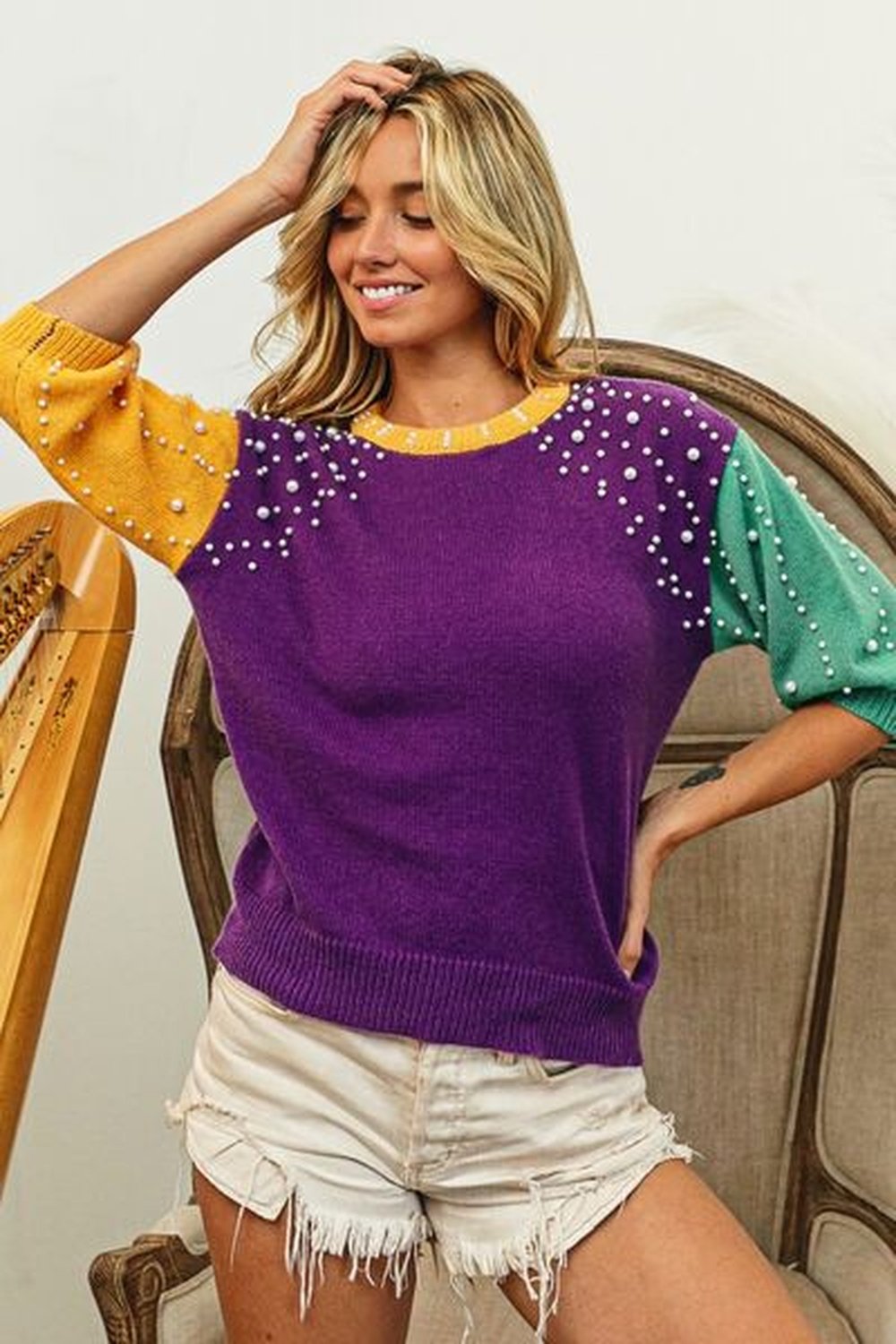 BiBi Color Block Pearl Detail Round Neck Sweater - Pullover Sweaters - FITGGINS