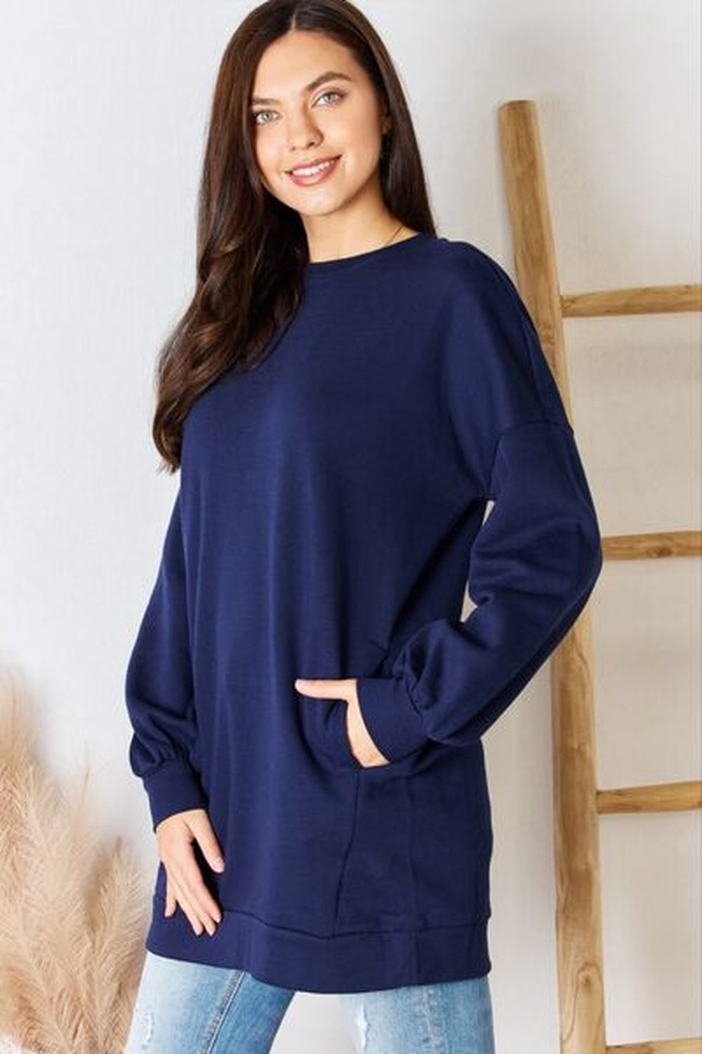 Zenana Oversized Round Neck Long Sleeve Sweatshirt - Pullover Sweaters - FITGGINS