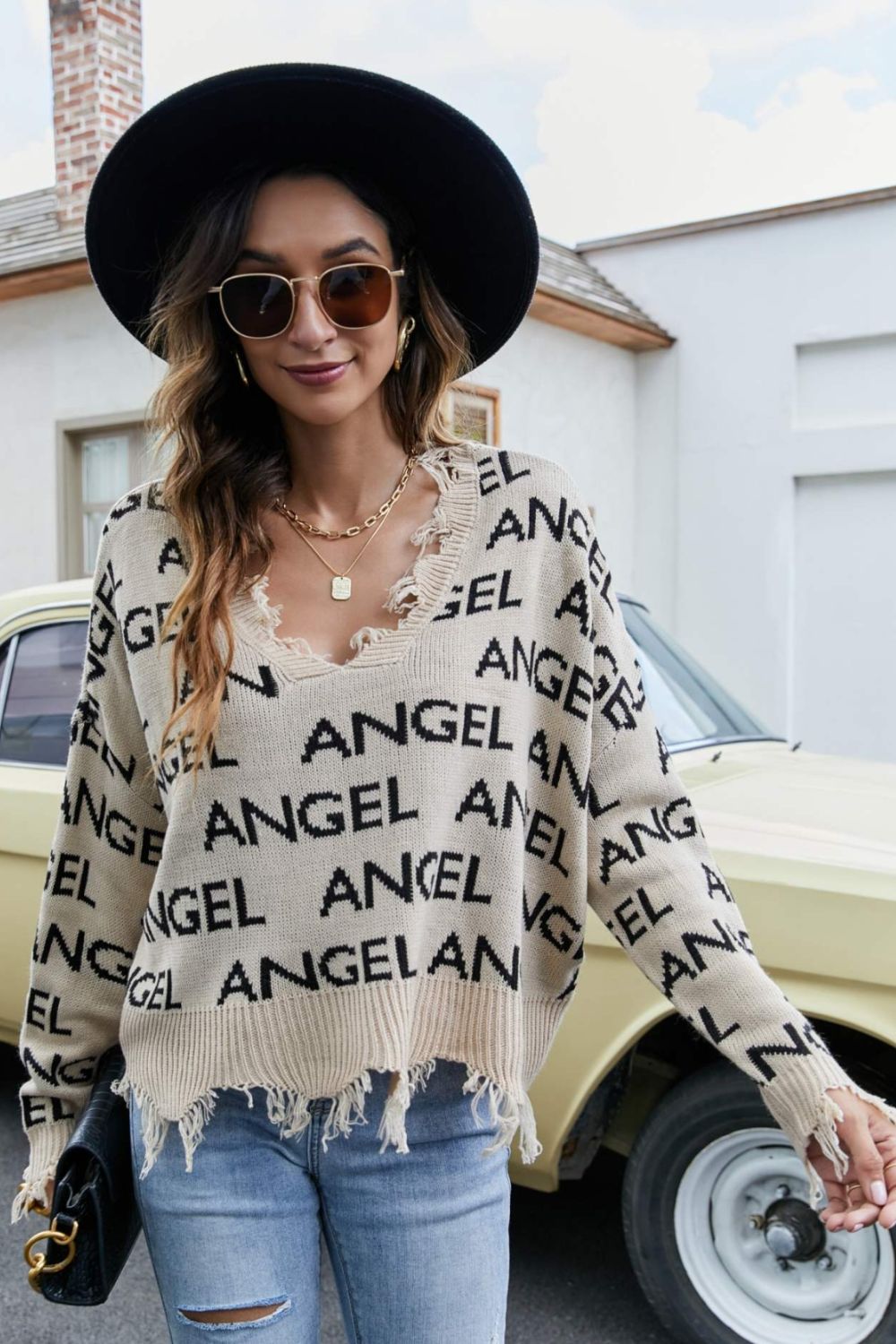ANGEL Distressed V-Neck Dropped Shoulder Sweater - Pullover Sweaters - FITGGINS