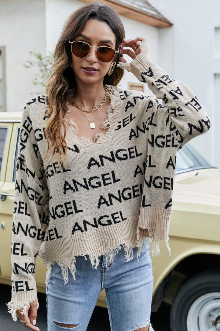 ANGEL Distressed V-Neck Dropped Shoulder Sweater - Pullover Sweaters - FITGGINS