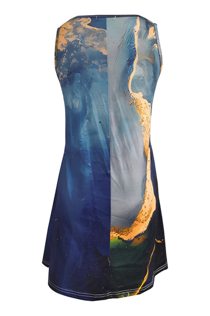 Abstract Print Round Neck Sleeveless Dress with Pockets - Casual & Maxi Dresses - FITGGINS