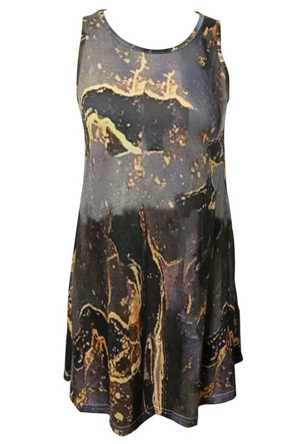 Abstract Print Round Neck Sleeveless Dress with Pockets - Casual & Maxi Dresses - FITGGINS