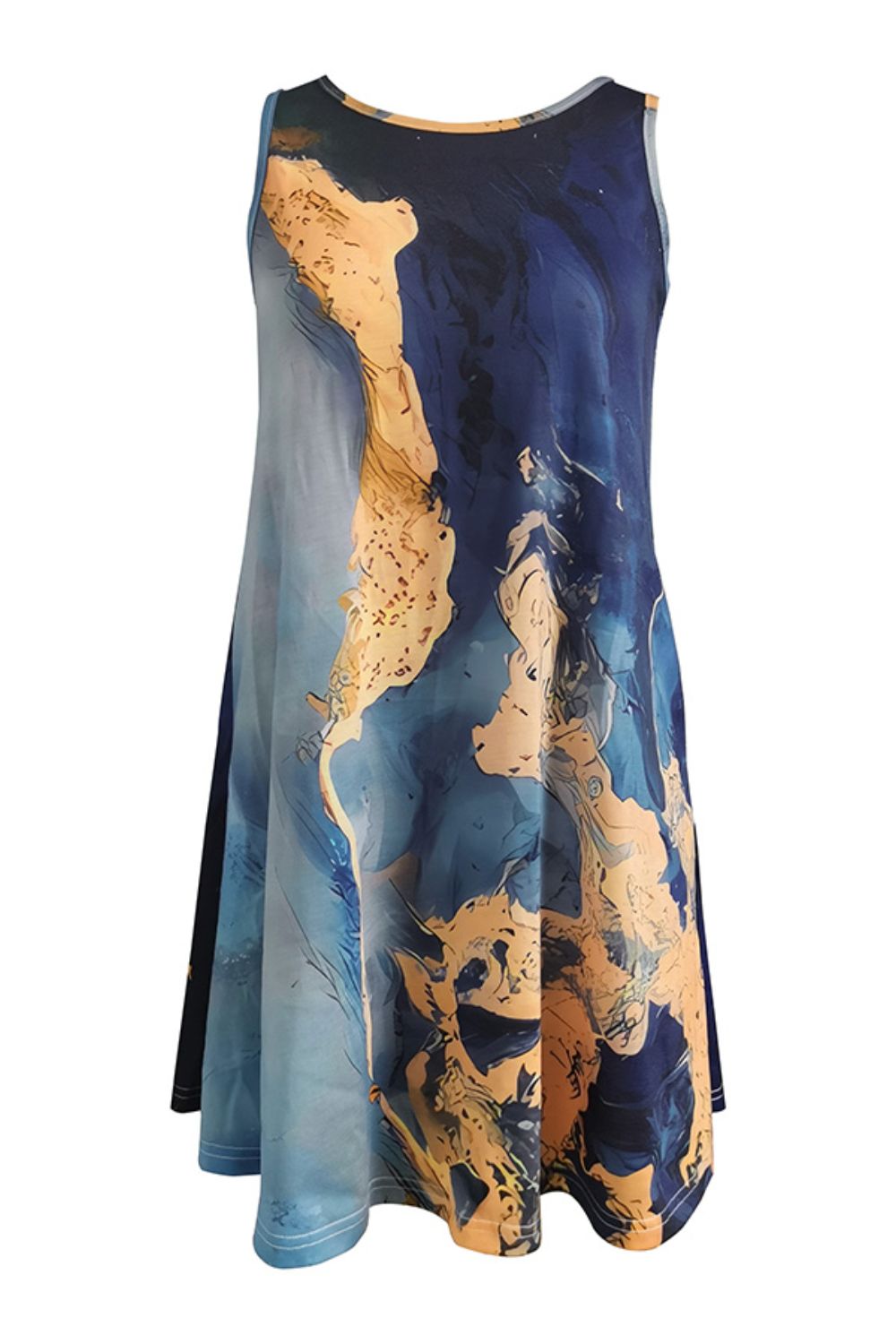 Abstract Print Round Neck Sleeveless Dress with Pockets - Casual & Maxi Dresses - FITGGINS