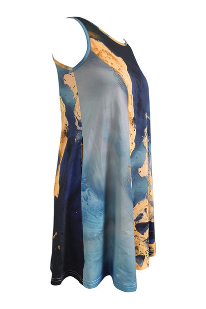 Abstract Print Round Neck Sleeveless Dress with Pockets - Casual & Maxi Dresses - FITGGINS