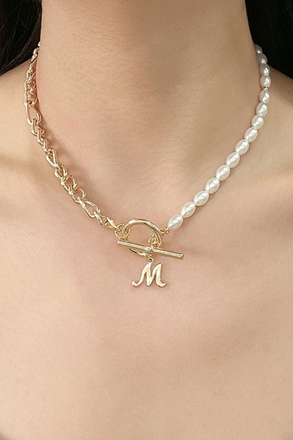 Alphabet M Pendant Half Pearl and Half Chain Necklace - Necklaces - FITGGINS