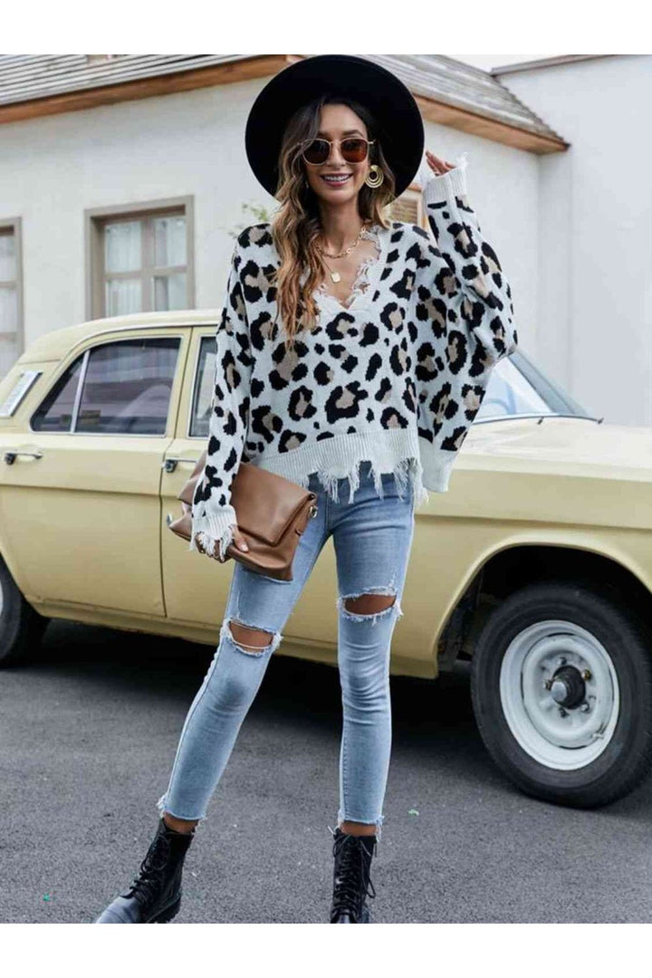 Animal Print Distressed V-Neck Drop Shoulder Sweater - Pullover Sweaters - FITGGINS