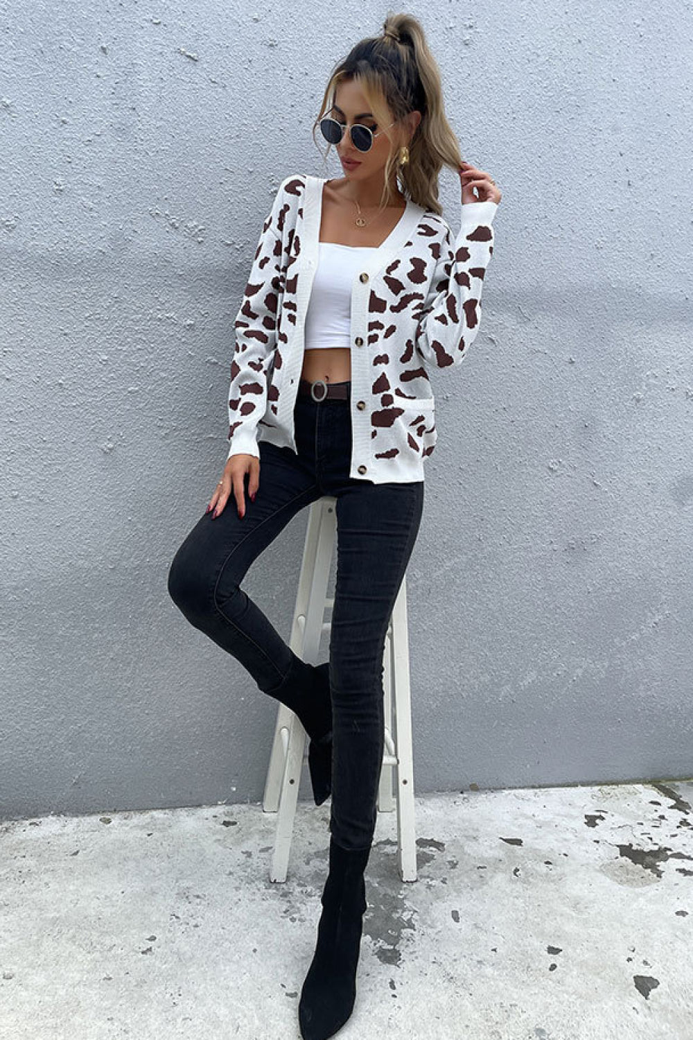 Animal Print Button Front Sweater Cardigan - Cardigans - FITGGINS