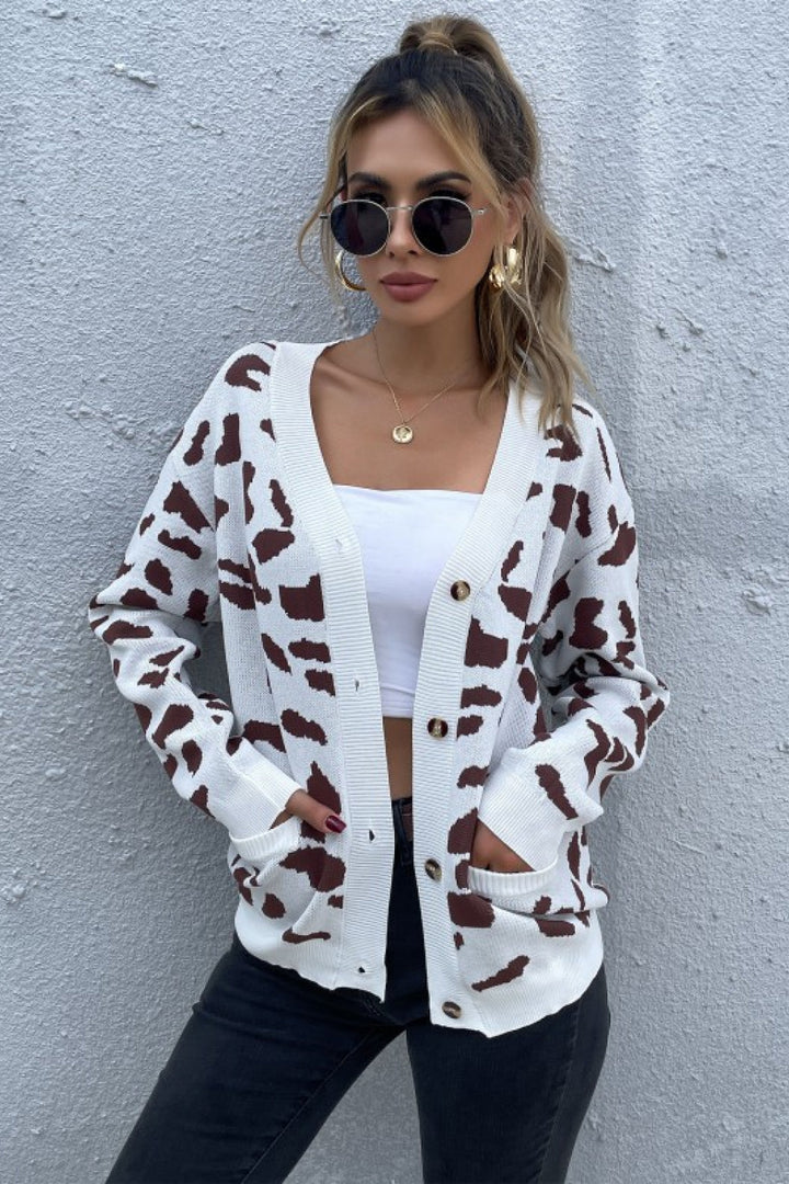Animal Print Button Front Sweater Cardigan - Cardigans - FITGGINS