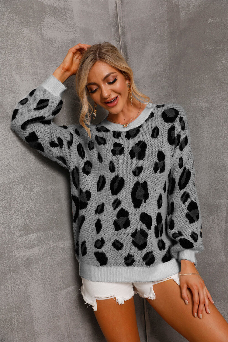 Animal Print Dropped Shoulder Knit Pullover - Pullover Sweaters - FITGGINS