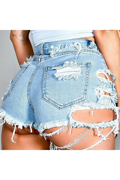 Asymmetrical Distressed Denim Shorts - Denim Shorts - FITGGINS