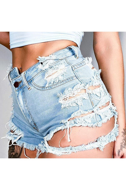 Asymmetrical Distressed Denim Shorts - Denim Shorts - FITGGINS